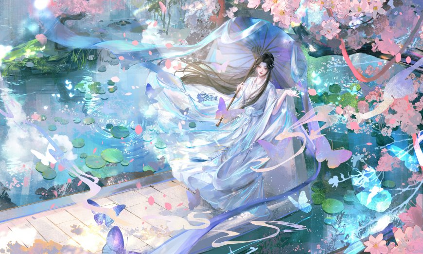 陆雪琪诛仙古风白衣撑伞樱花池塘蝴蝶唯美插画电脑壁纸