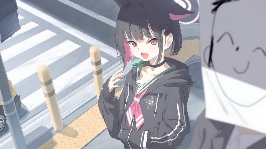 蔚蓝档案杏山和纱猫耳街头马卡龙校服少女动漫电脑壁纸