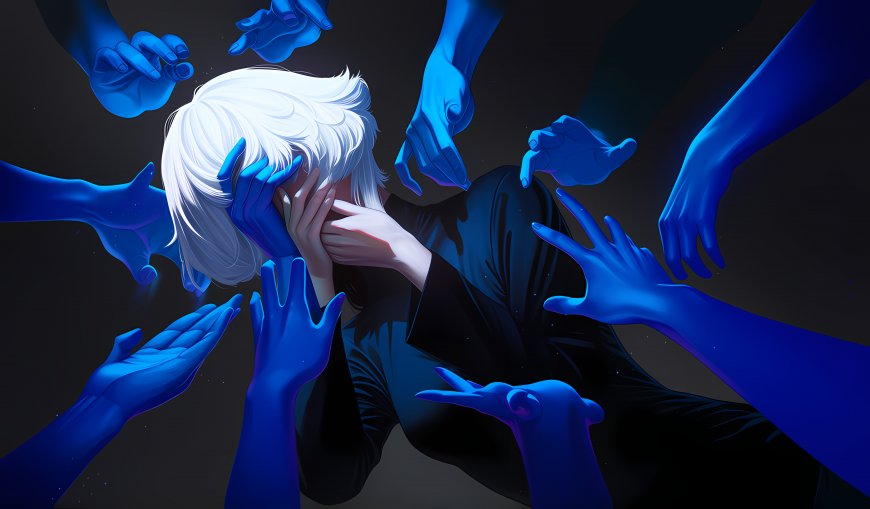 原创暗黑系白发少年被蓝色手掌环绕压抑风插画电脑壁纸