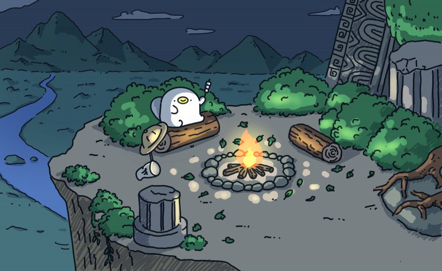 可爱卡通幽灵山间篝火露营夜景治愈插画电脑壁纸