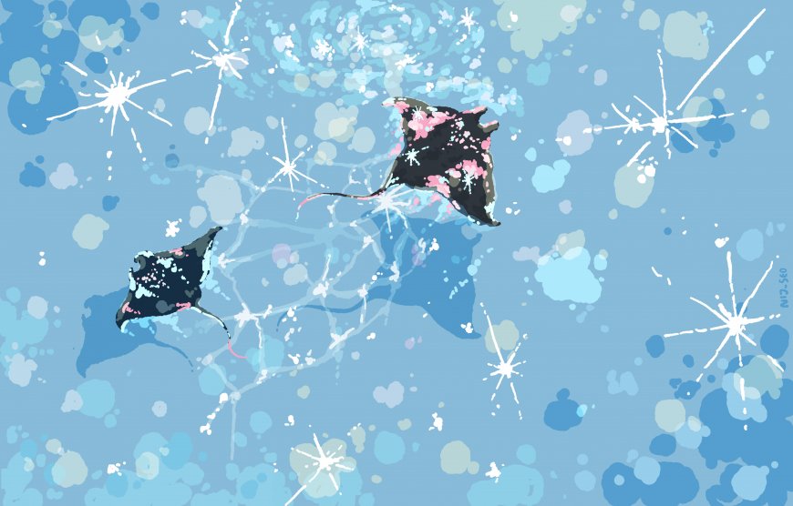 治愈系蓝色海面游动魔鬼鱼星光水花插画电脑壁纸