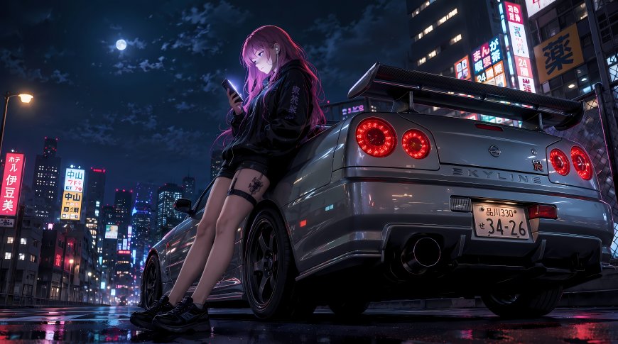 赛博朋克粉发少女倚靠日产GTR R34霓虹雨夜都市插画电脑壁纸