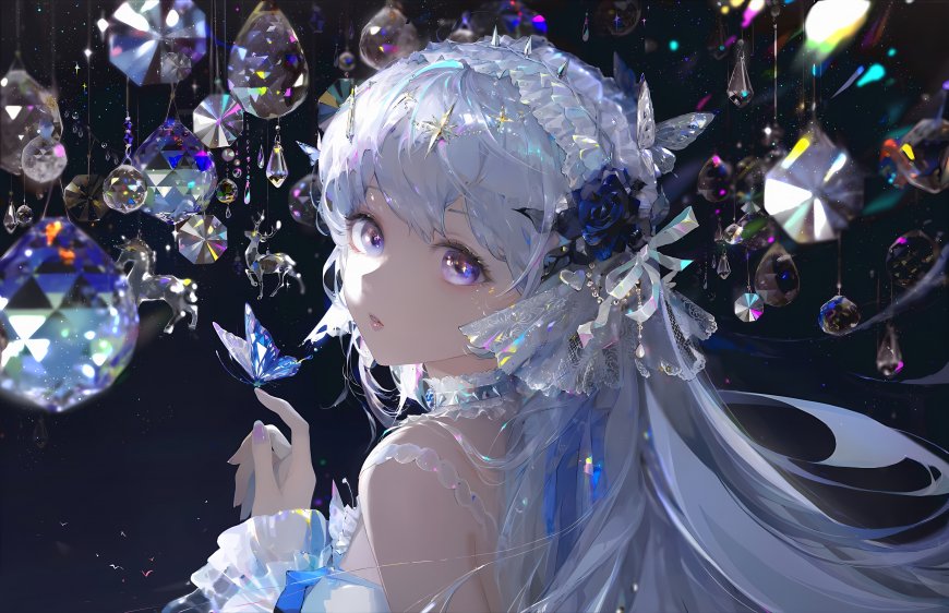 原创梦幻系银发少女水晶吊饰蓝蝴蝶华丽插画电脑壁纸