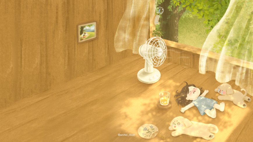 anchoi_illust治愈系夏日木屋女孩小狗风扇午睡插画电脑壁纸