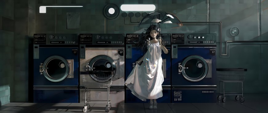 原创冷调白裙少女撑伞自助洗衣房工业风二次元插画电脑壁纸
