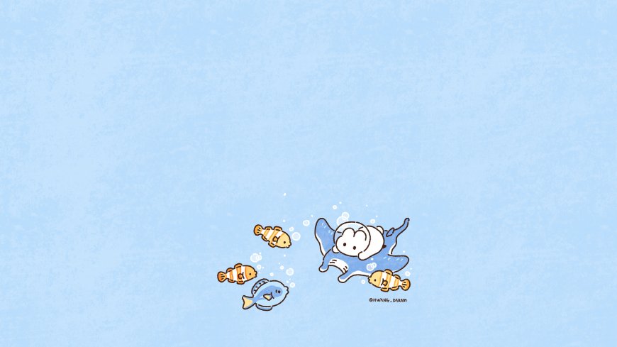 Hwang_Daram治愈系浅蓝海底小兔鳐鱼小丑鱼插画电脑壁纸