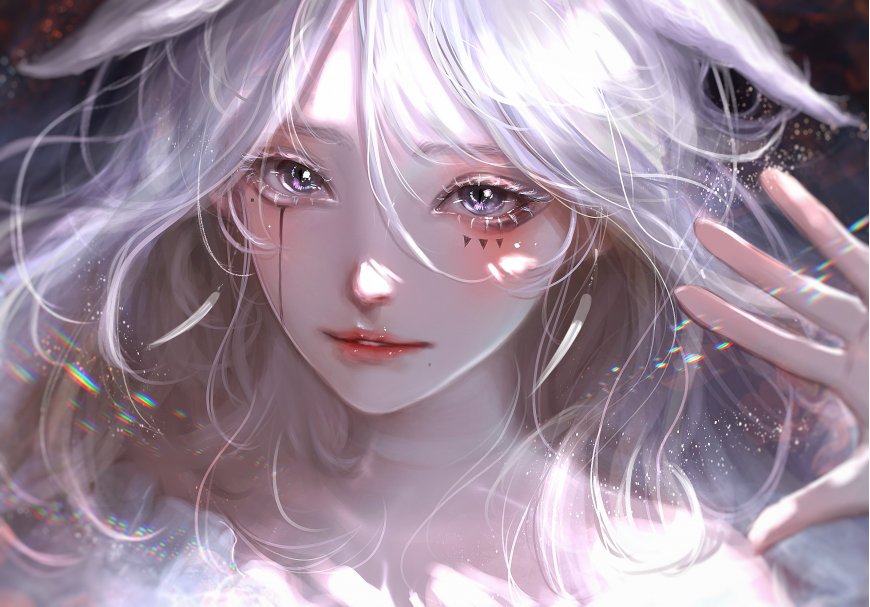 白发少女面部特写光影细腻梦幻插画人物手绘绘画电脑壁纸