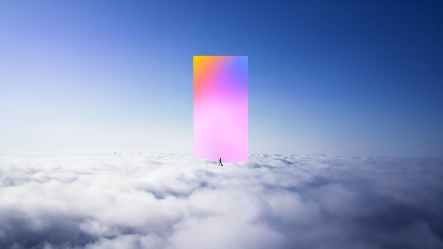 彩虹色方块悬浮云海之上极简超现实科幻电脑壁纸