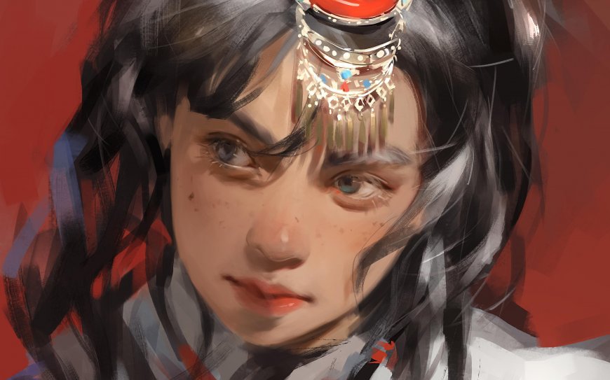 藏族少女厚涂插画民族头饰红背景手绘绘画电脑壁纸