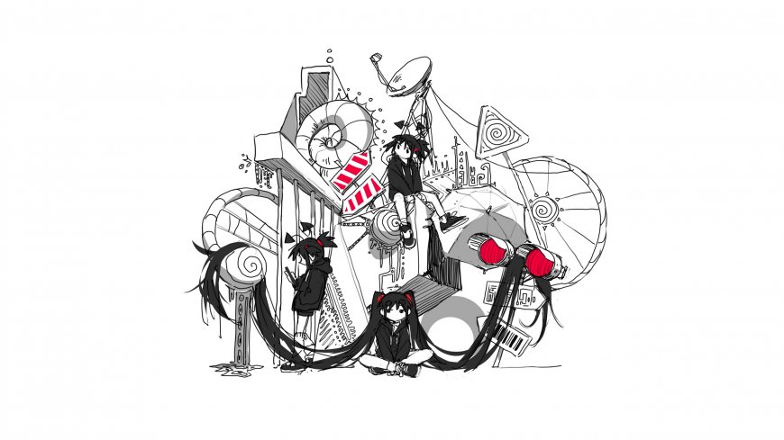初音未来黑化版机械废墟坐姿创意插画电脑壁纸