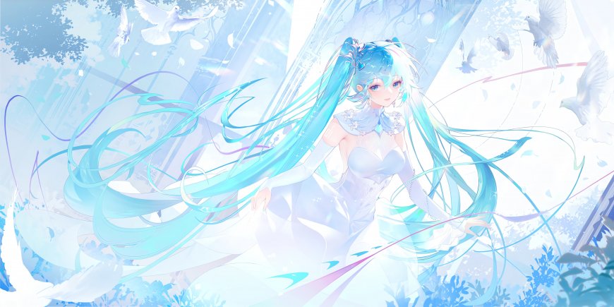 初音未来蓝发白裙飞鸟环绕梦幻场景动漫电脑壁纸