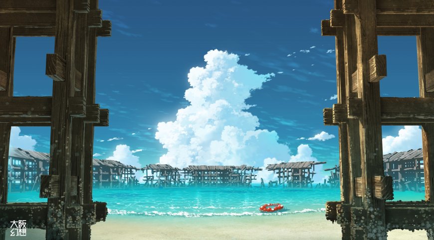 大阪幻想木质框架海景木屋沙滩动漫风景电脑壁纸