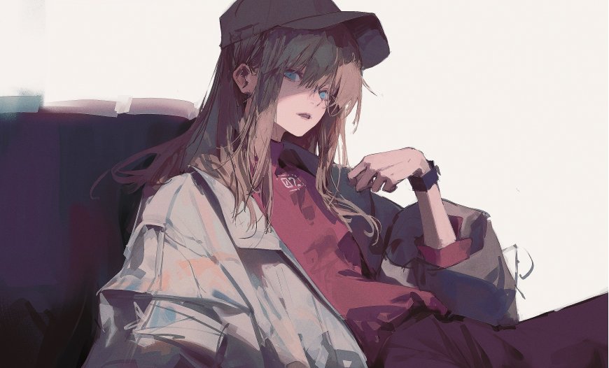动漫少女戴帽蓝眸慵懒坐姿插画风人物电脑壁纸