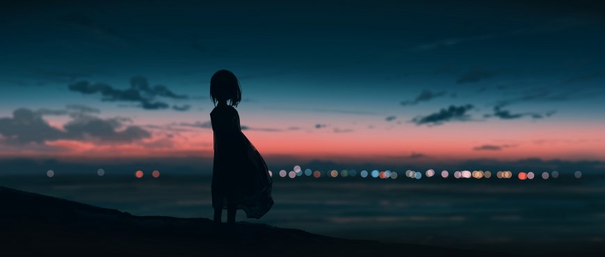 动漫少女剪影伫立海边晚霞城市灯火动漫电脑壁纸