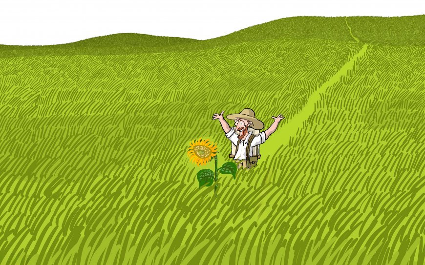 梵高向日葵田野张开双臂绿色波浪插画创意电脑壁纸