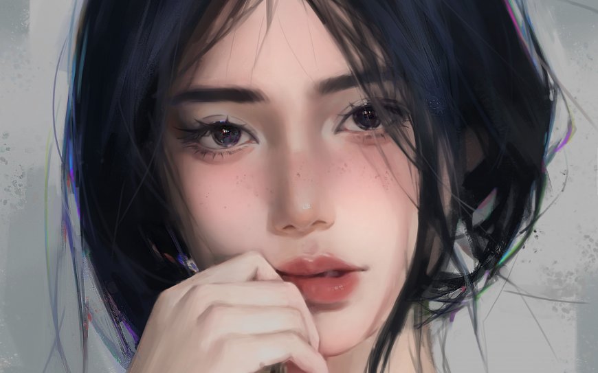 厚涂黑发少女面部特写光影细腻人物绘画电脑壁纸