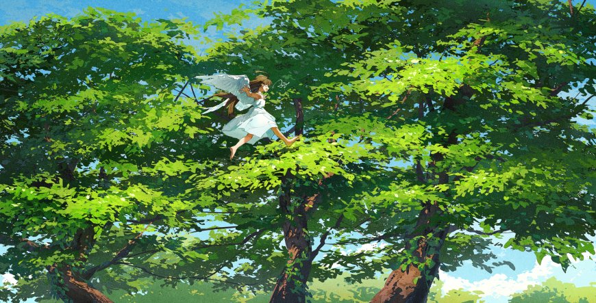 画师potg绿发少女树冠奔跑夏日森林清新插画电脑壁纸
