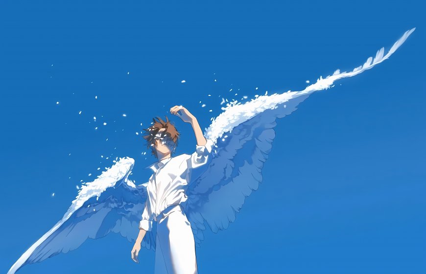 画师Re°白衣少年天使羽翼蓝天飞翔治愈系插画电脑壁纸