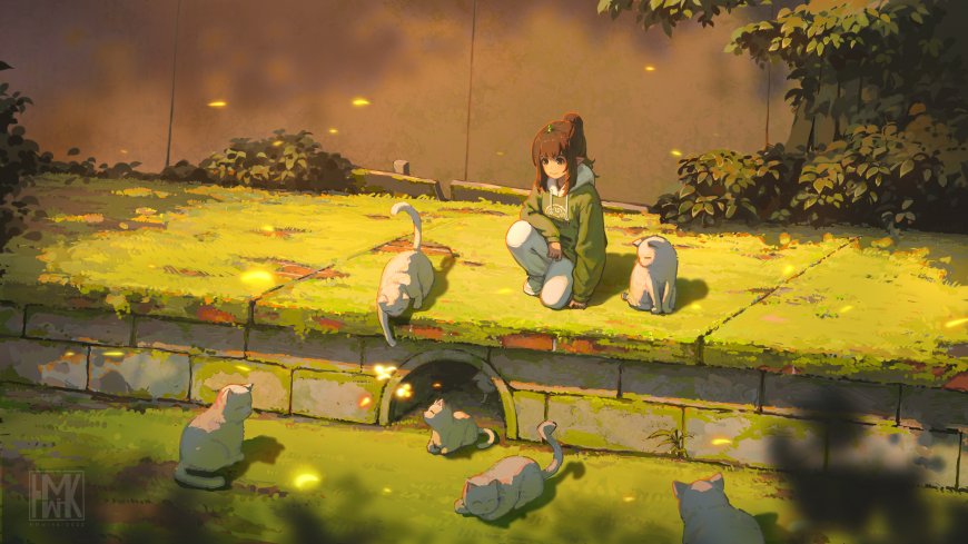 花名wink少女与猫黄昏庭院温馨互动治愈系插画电脑壁纸