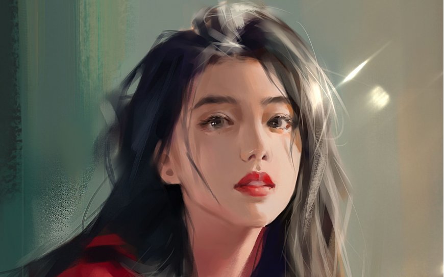 金智秀厚涂风格插画黑发红唇手绘绘画电脑壁纸