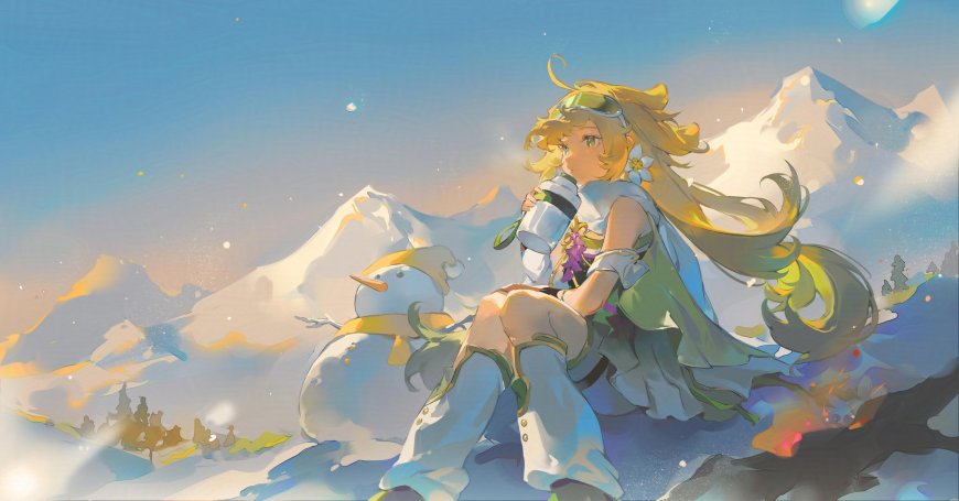 鸣潮金发少女雪山雪人旁休憩清新动漫电脑壁纸
