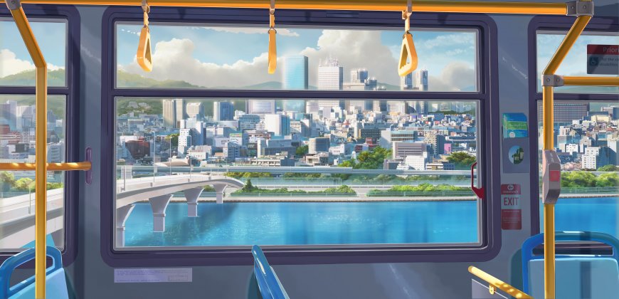 日系动漫风格车厢窗外城市河景插画电脑壁纸