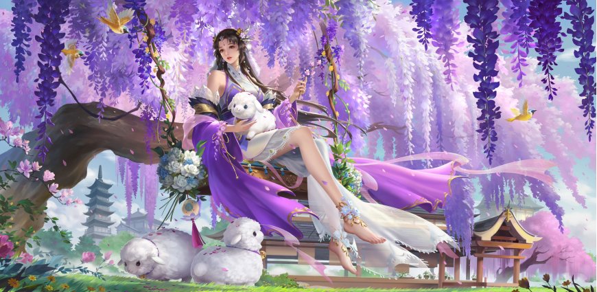 三国杀羊徽瑜紫藤花下抱羊古风限定皮肤游戏动漫电脑壁纸