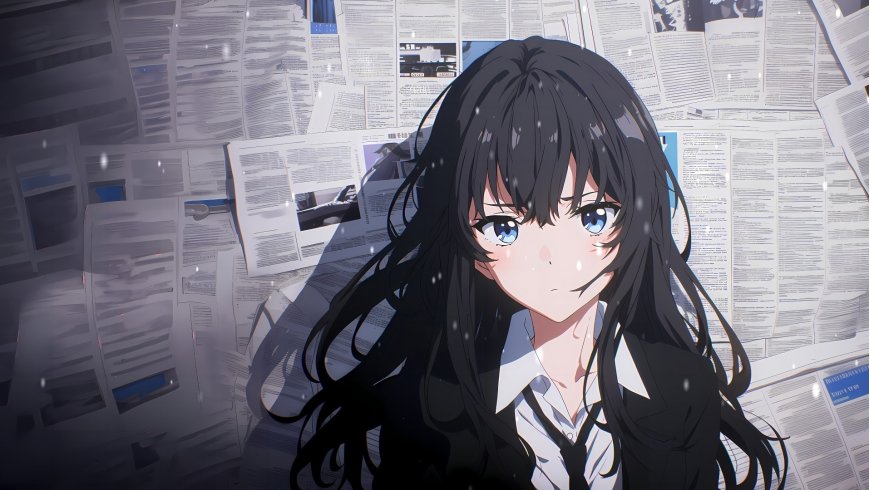 雪之下雪乃报纸墙前蓝眸黑发少女动漫电脑壁纸