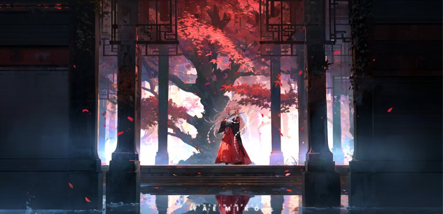 原神八重神子红枫神社倒影站立姿态游戏电脑壁纸