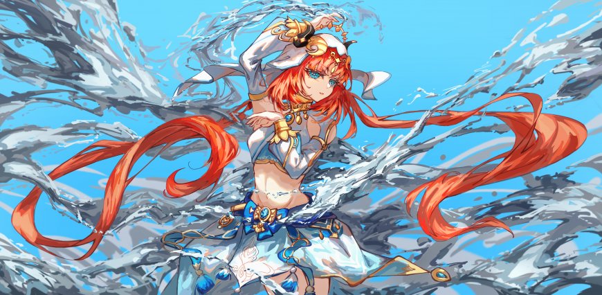 原神妮露红发水花舞动蓝白服饰游戏电脑壁纸