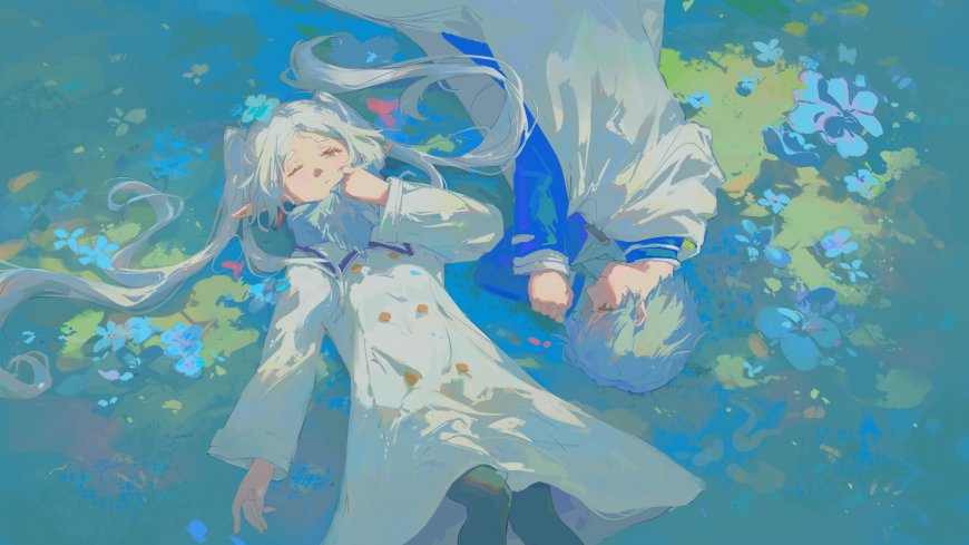 葬送的芙莉莲辛美尔躺卧花海蓝绿光影治愈动漫电脑壁纸