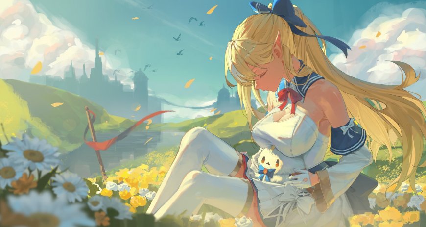 葬送的芙莉伦金发少女抱玩偶花海动漫电脑壁纸