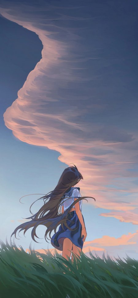 草地背影JK制服少女动漫手机壁纸