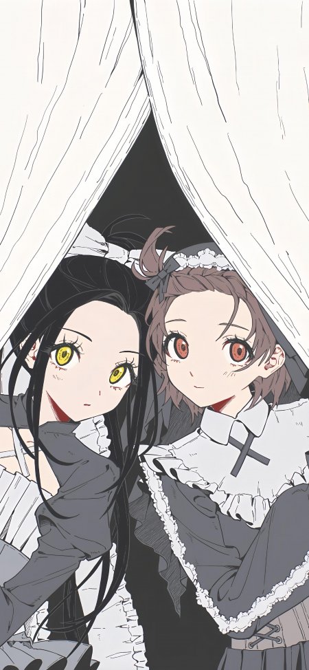 窗帘后黑白女仆少女动漫手机壁纸