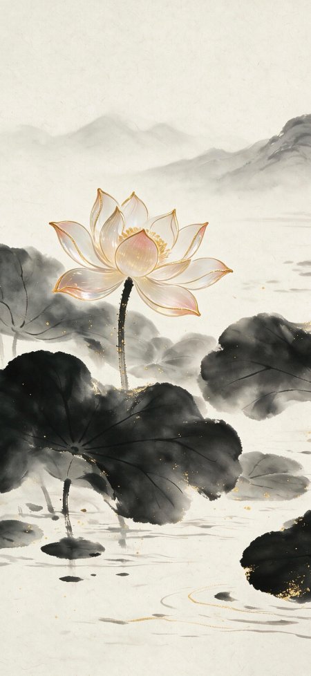 淡雅水墨金边白莲花禅意古风手机壁纸