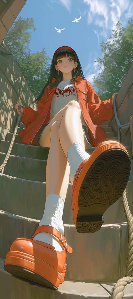 黑发红衣仰视阶梯少女动漫手机壁纸