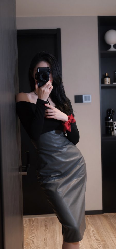 红腕带皮裙自拍长发美女手机壁纸