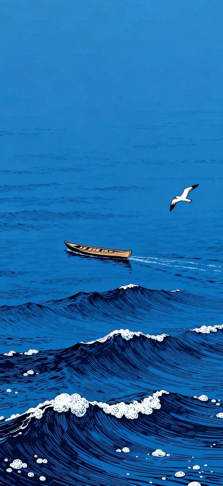 蓝色海浪小船飞鸟简约风景绘画手绘手机壁纸