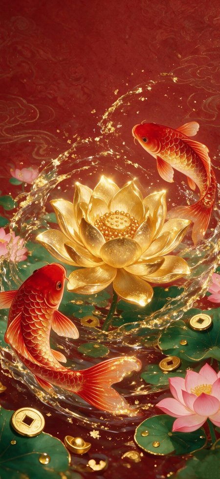 喜庆红金莲双锦鲤招财禅意古风手机壁纸