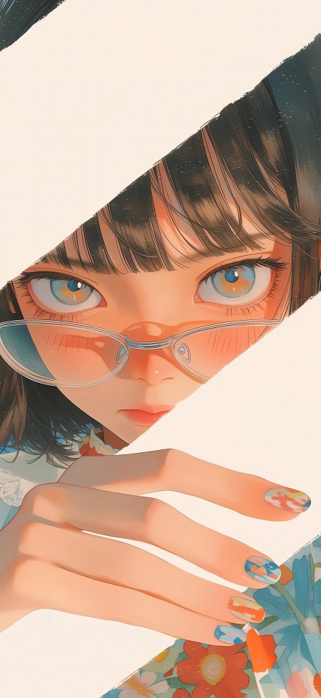 斜切构图眼镜美甲少女动漫手机壁纸