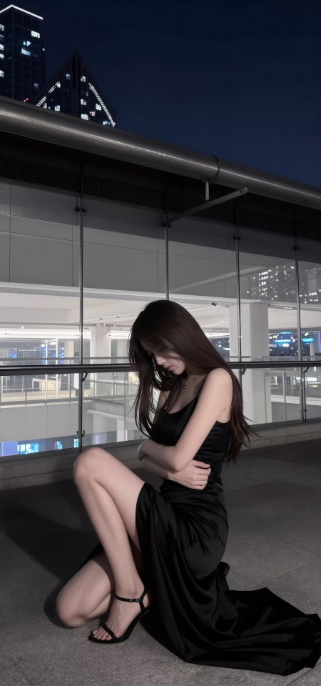 性感夜景黑裙大长腿美女手机壁纸