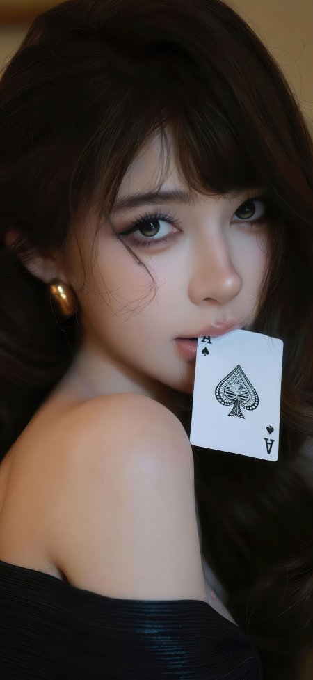性感长发美女咬扑克牌美女手机壁纸