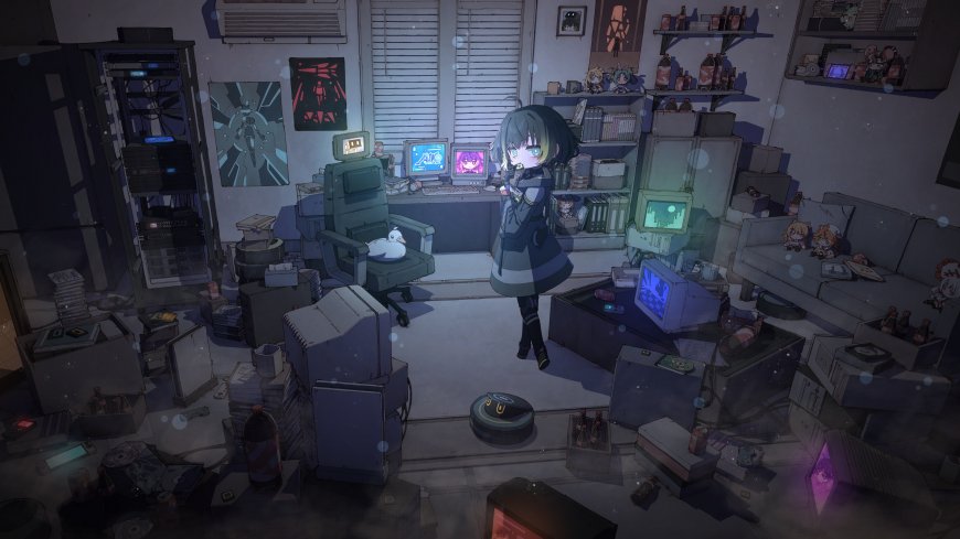 暗色调杂乱房间少女站立赛博朋克风插画电脑壁纸