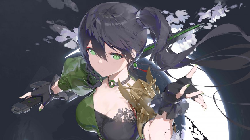 黑发绿眸持刀少女水墨风战斗姿态动漫电脑壁纸