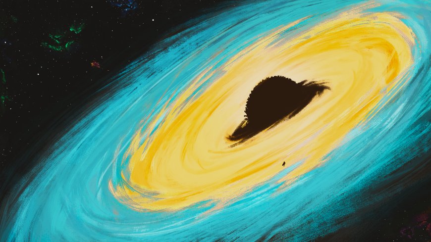 黑洞吸积盘蓝黄旋涡宇宙星空科幻插画电脑壁纸