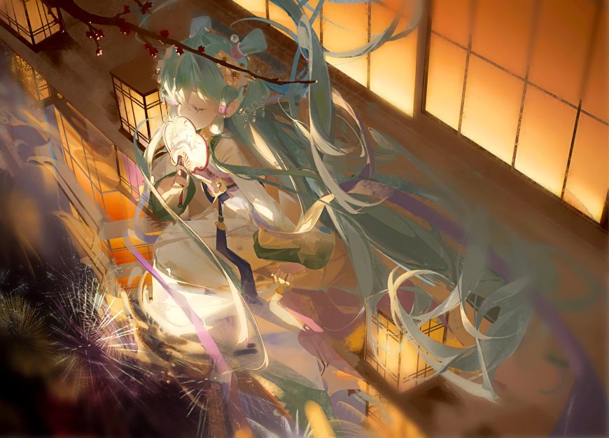 初音未来古风汉服持扇灯笼烟花暖光动漫电脑壁纸