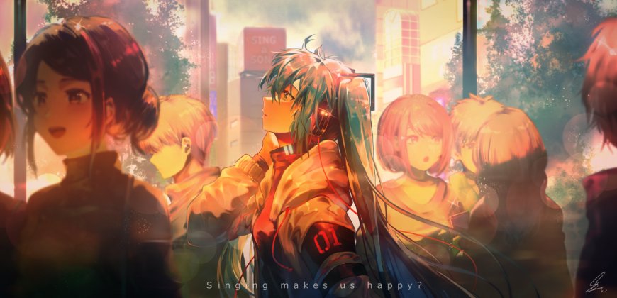 初音未来街头人群暖光侧影治愈系动漫电脑壁纸
