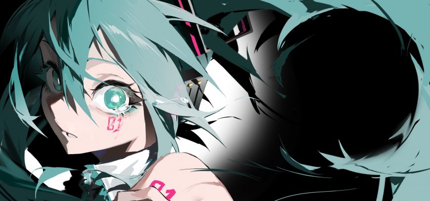 初音未来青发双马尾面部特写暗黑风格动漫电脑壁纸