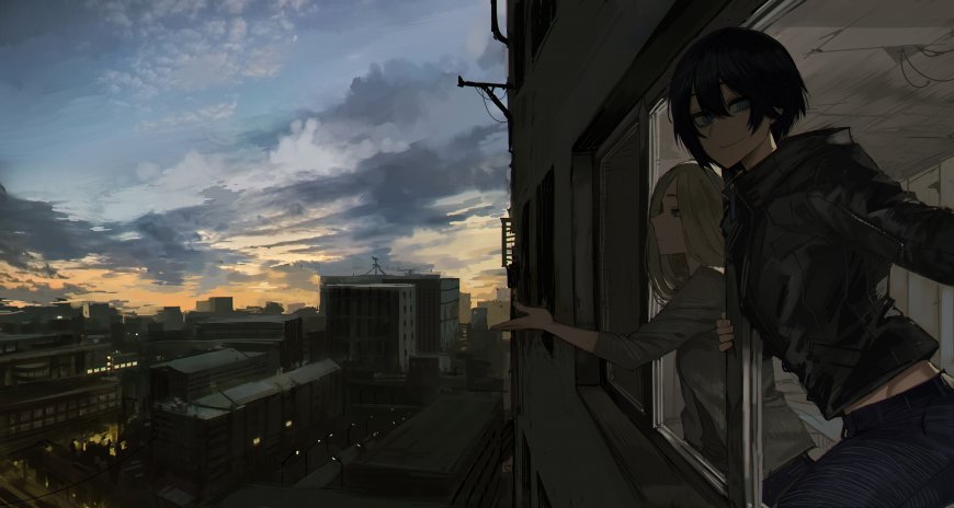 黄昏城市天台少年少女窗边眺望插画动漫电脑壁纸