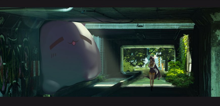 蔚蓝档案隧道光影巨大生物与少女奇幻场景游戏电脑壁纸